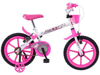 Bicicleta Infantil Aro 16 Track Bikes PINKY WR Branca e Rosa com Rodinhas e Cesta Freio V-Brake