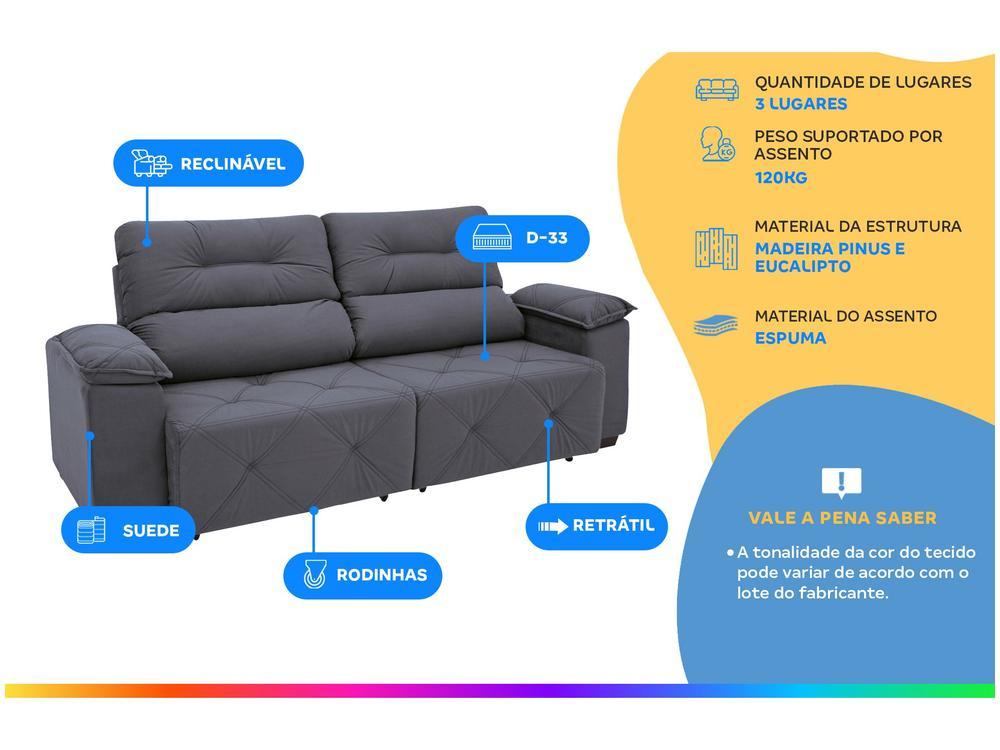 Sofá Retrátil Reclinável 3 Lugares Suede Moviment Grazzia Linoforte - 2