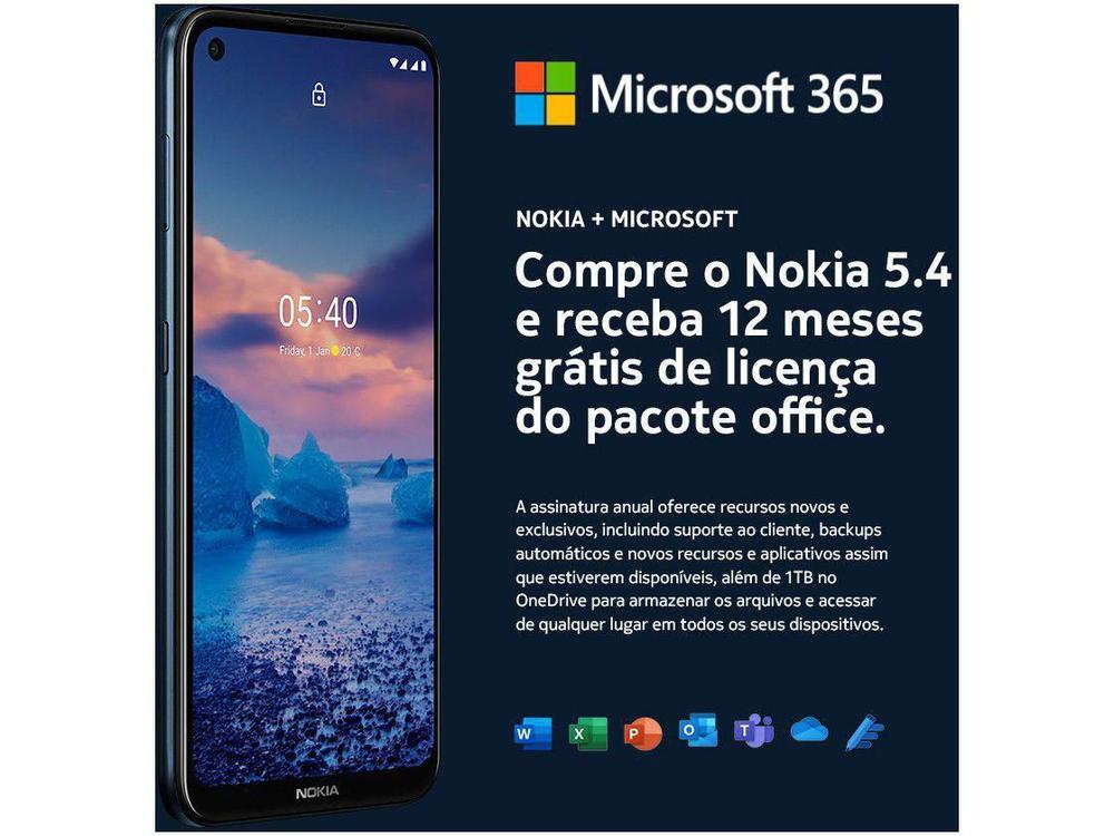 Smartphone Nokia 5.4 128GB Azul 4G 4GB RAM 6,39” Câm. Quádrupla + Selfie 16MP com Pacote Office - 5