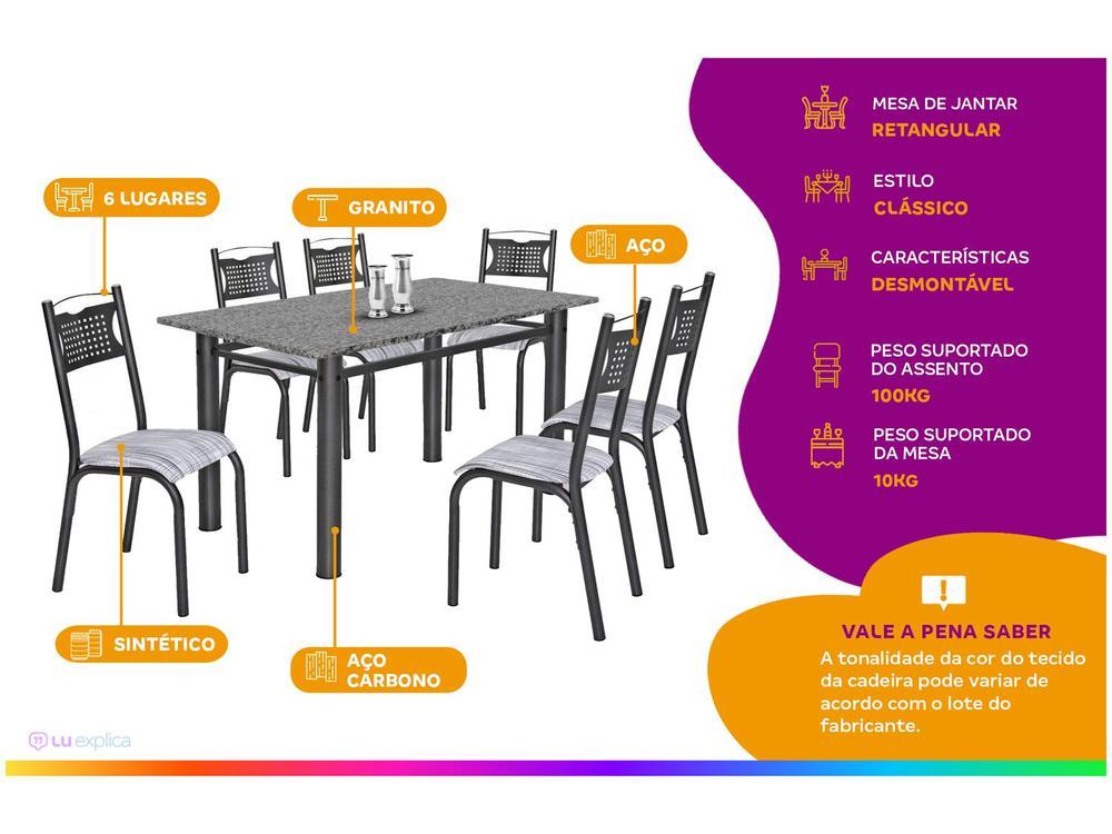 Mesa de Jantar 6 Cadeiras Retangular Aço Tampo Granito Poeme Ciplafe - 2