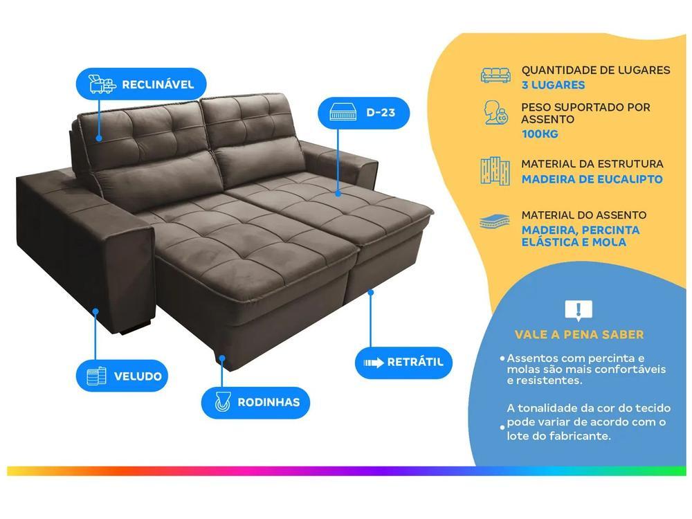 Sofá Retrátil Reclinável 3 Lugares Veludo Joly Barsa Gralha Azul - 2
