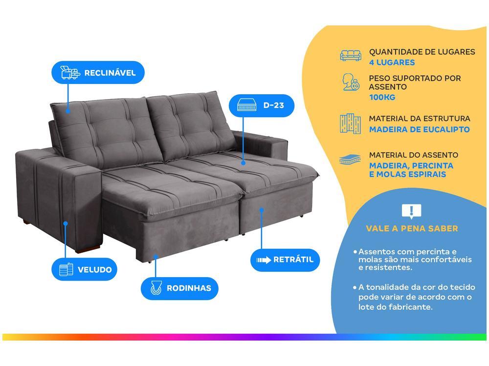 Sofá Retrátil Reclinável 4 Lugares Veludo Joly Bipartido Tallin Plus Gralha Azul - 2