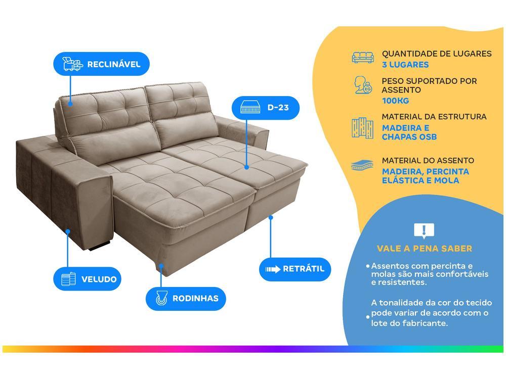 Sofá Retrátil Reclinável 3 Lugares Veludo Joly Barsa Gralha Azul - 2