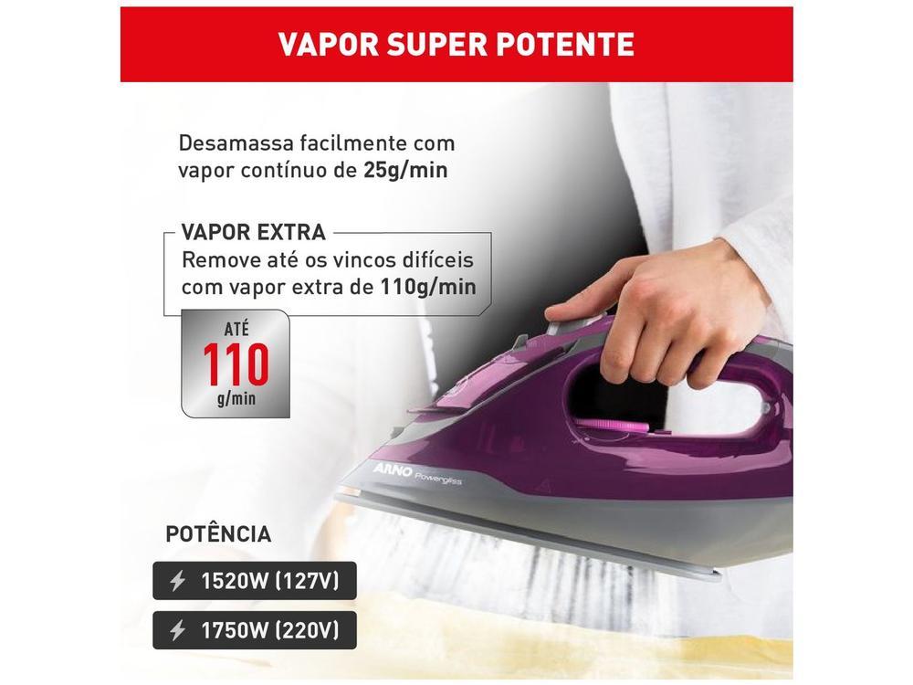 Ferro de Passar Roupa a Vapor e a Seco Arno Powergliss com Base Cerâmica XGlide FPO1 Cinza e Roxo - 12