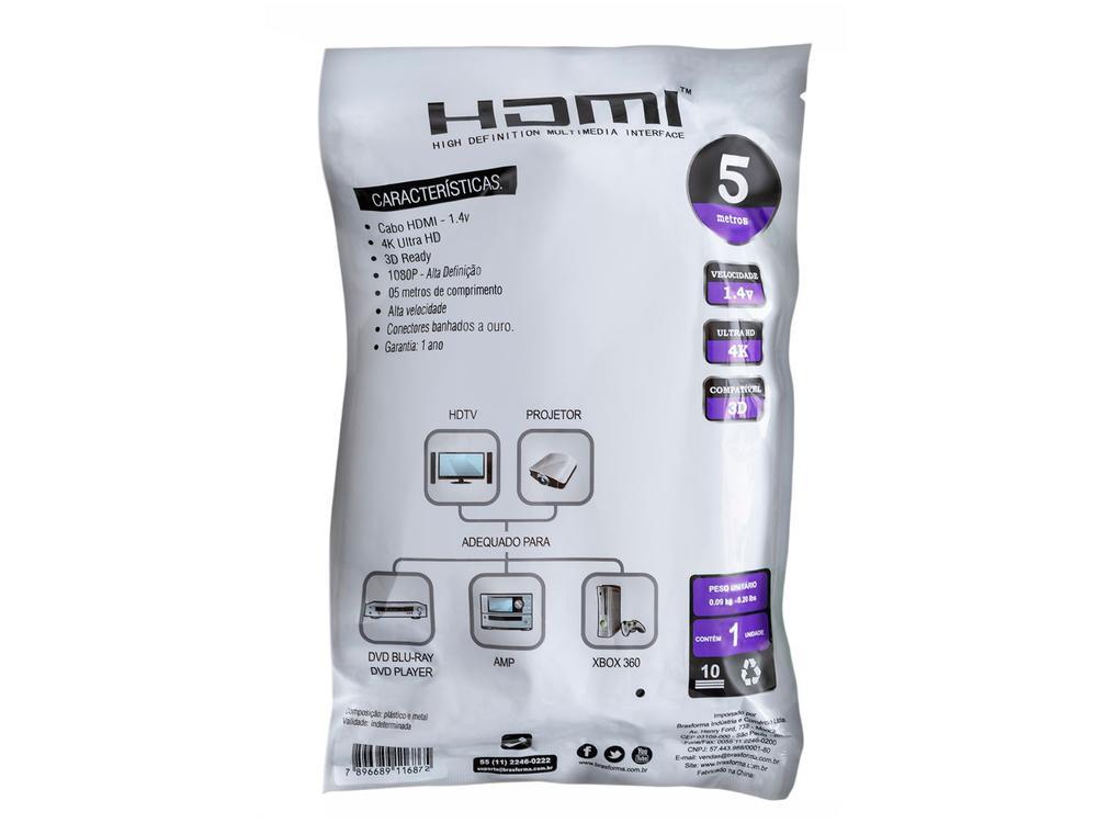 Cabo HDMI 4K 1.4 5m 1405 19 Pinos Brasforma - 5