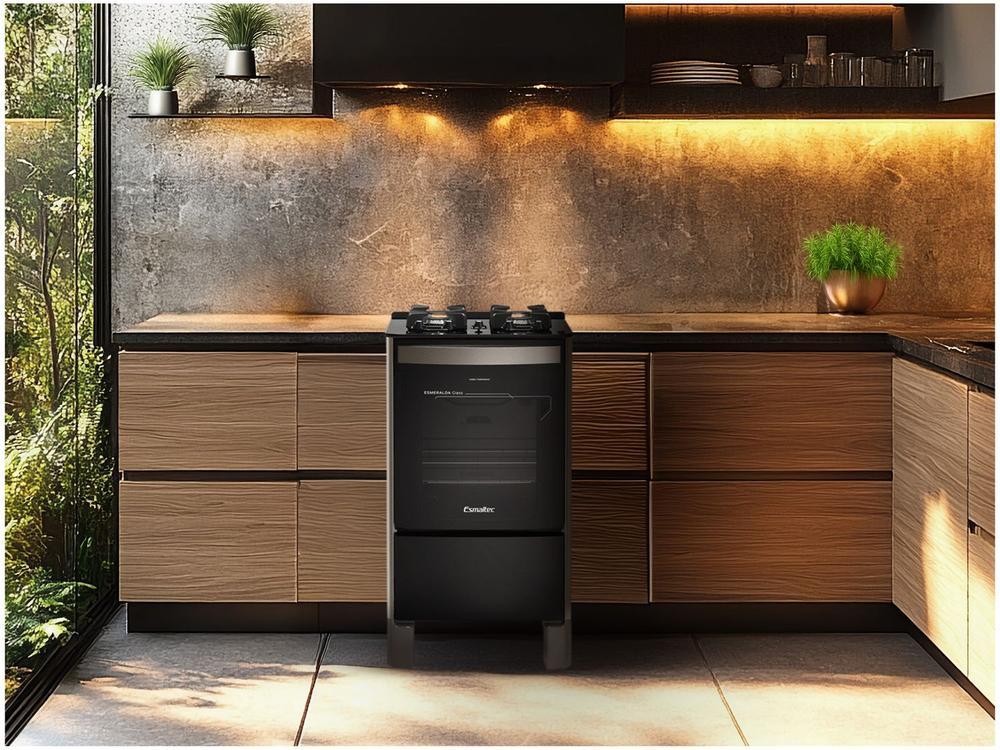 Fogão 4 Bocas Esmaltec Preto Mesa de Vidro Esmeralda Glass - 4