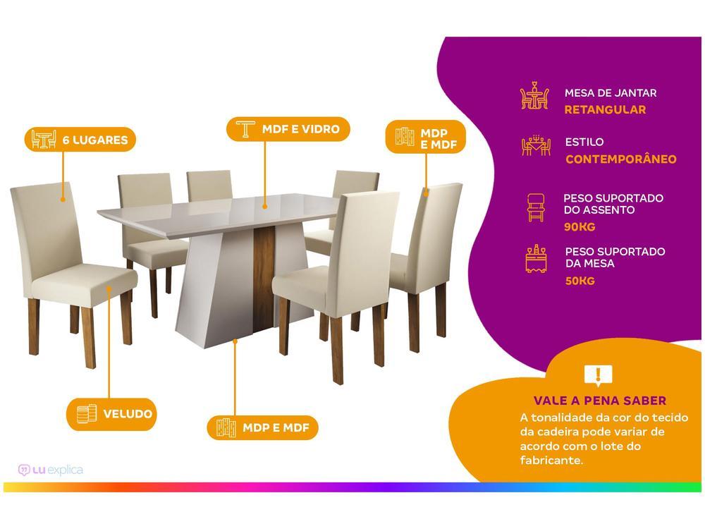 Mesa de Jantar 6 Cadeiras Retangular Off White Imbuia e Pastel Tampo de MDF com Vidro Viero Roma - 2