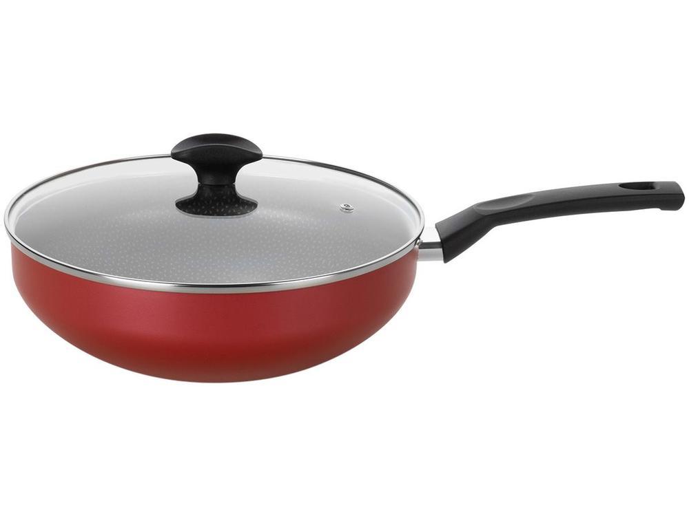Frigideira Wok Antiaderente Multiflon de Alumínio Amora Vermelha 28cm com Tampa - 1