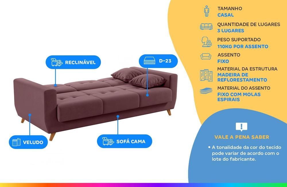 Sofá-cama Casal 3 Lugares com Baú Reclinável Veludo Matrix Pâmela - 2