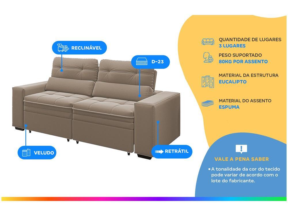 Sofá Retrátil Reclinável 3 Lugares Veludo com Baú - 2