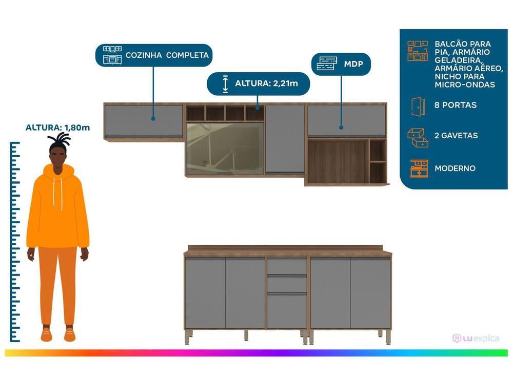 Armário de Cozinha Completa Luciane Parma com Balcão para Pia 8 Portas - 2