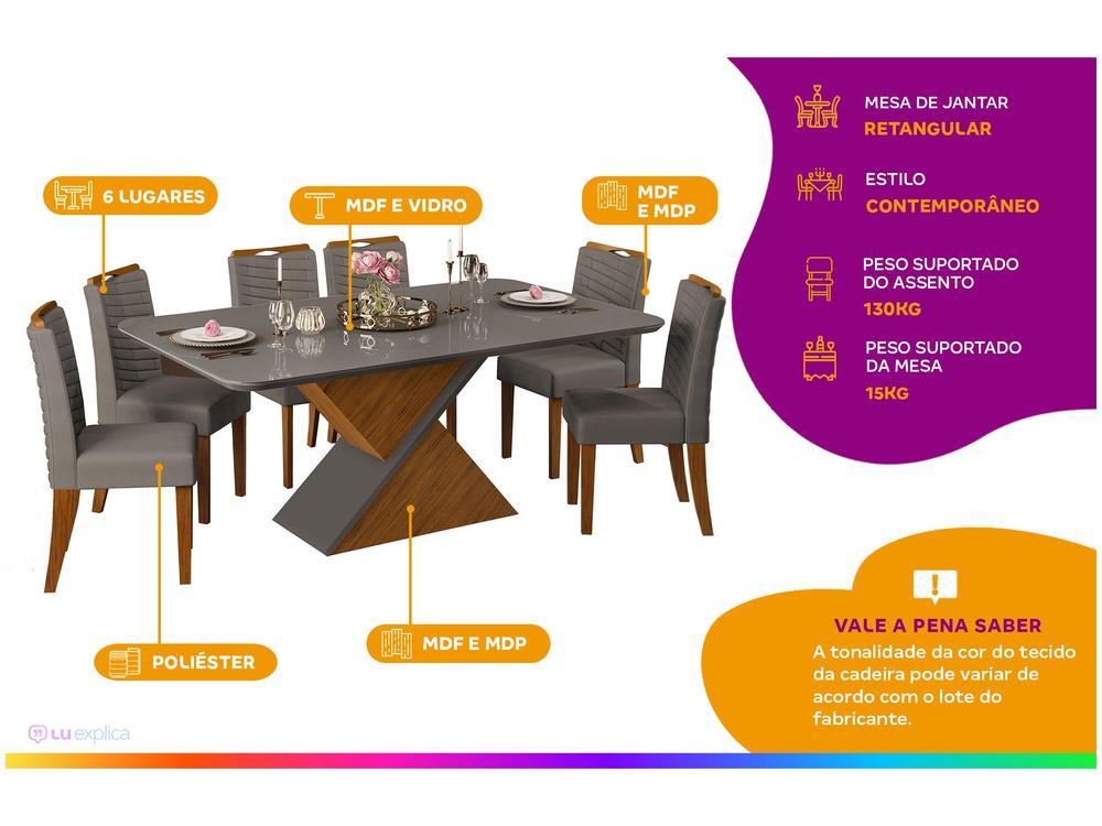 Mesa de Jantar 6 Cadeiras Retangular Cinza e Lunar DJ Móveis Firenze - 2