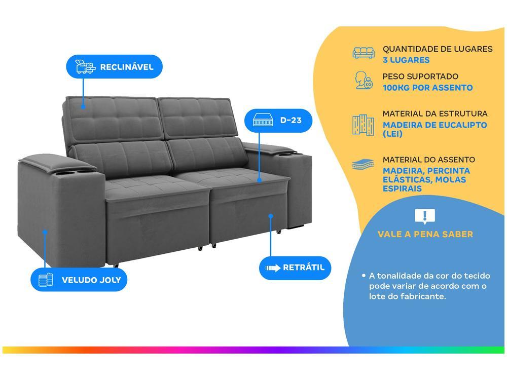 Sofá Retrátil Reclinável 3 Lugares Veludo Joly Cancún Gralha Azul Estofados - 2