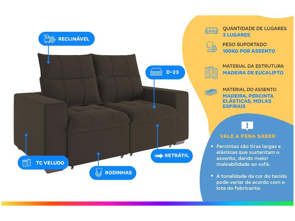 Sofá Retrátil Reclinável 3 Lugares Veludo Miami Gralha Azul Estofados - 2