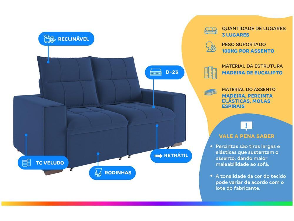 Sofá Retrátil Reclinável 3 Lugares Veludo Miami Gralha Azul Estofados - 2