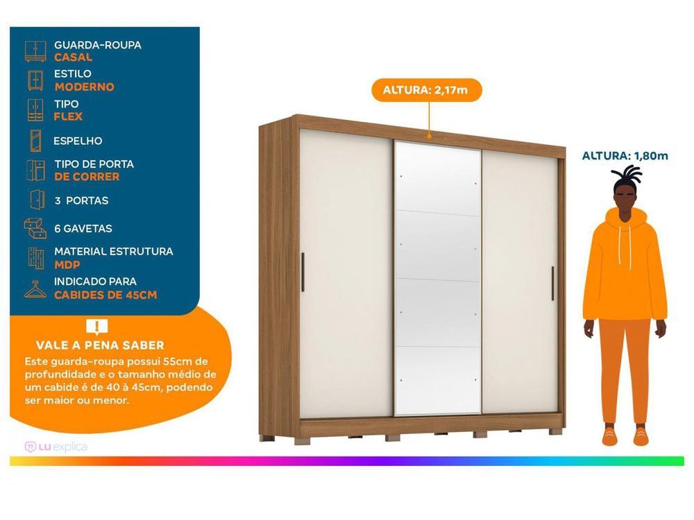 Guarda-roupa Casal com Espelho 3 Portas de Correr 6 Gavetas Demóbile Londres - 2