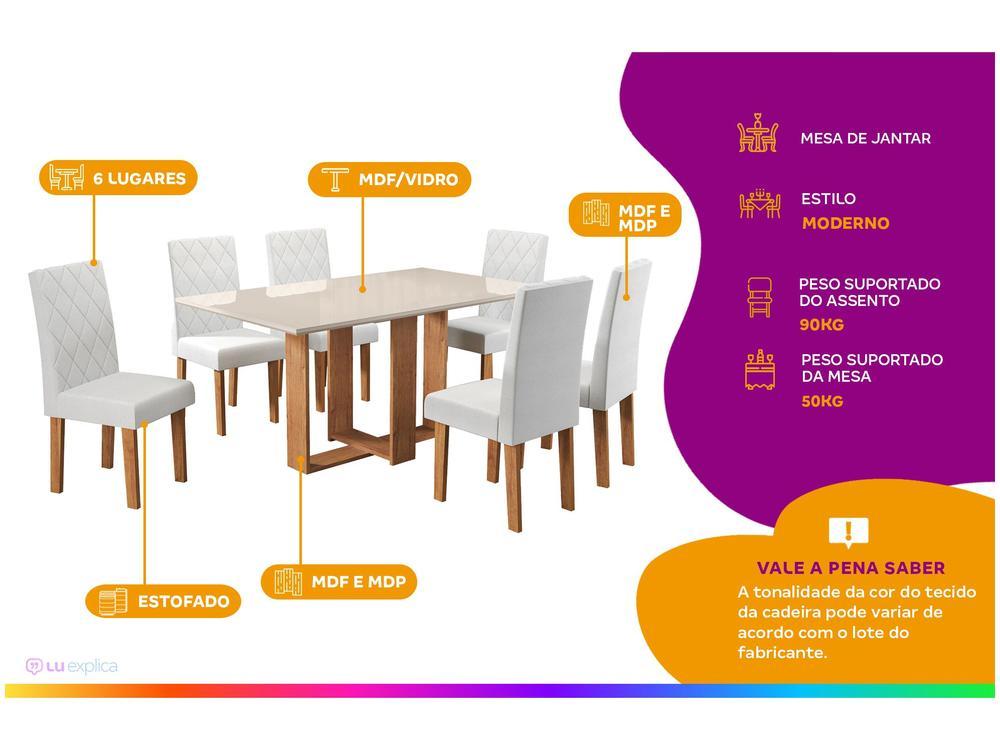 Mesa de Jantar 6 Cadeiras Retangular Mel/Linho Gelo Viero Móveis Alicia - 2
