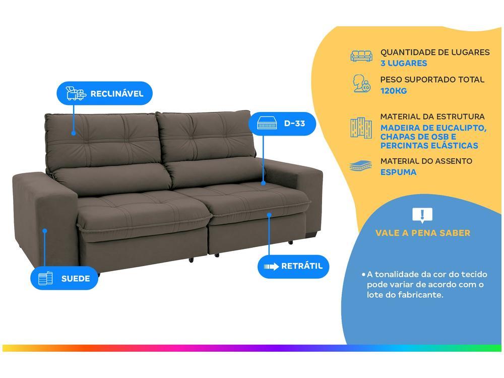 Sofá Retrátil Reclinável 3 Lugares Suede Brunello Linoforte - 2