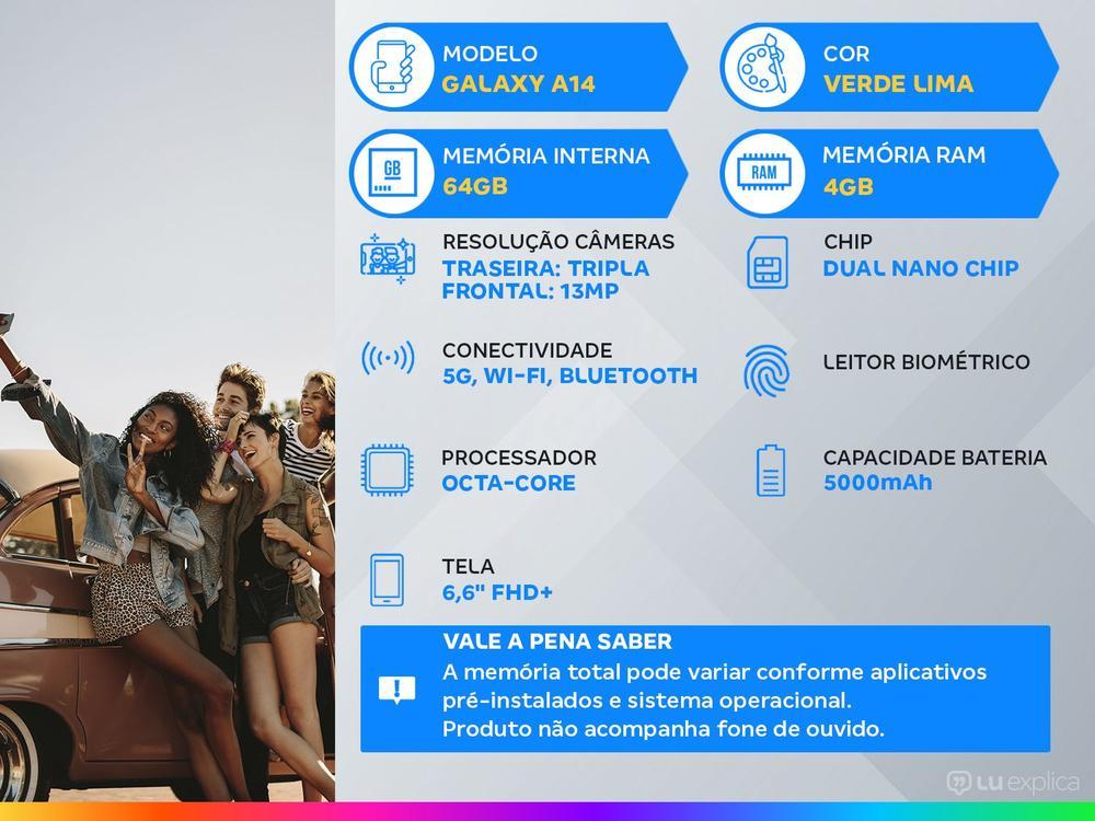 Smartphone Samsung Galaxy A14 64GB Verde Lima 5G Octa-Core 4GB RAM 6,6" Câm. Tripla + Selfie 13MP Dual Chip - 2