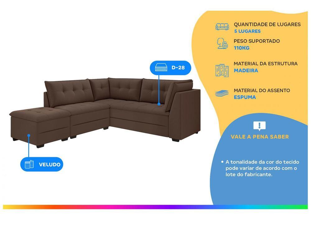 Sofá de Canto 5 Lugares com Puff Veludo Benfica Besthouse - 2