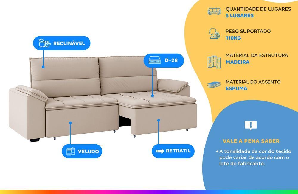 Sofá Retrátil Reclinável 5 Lugares Veludo Panamá Besthouse - 2