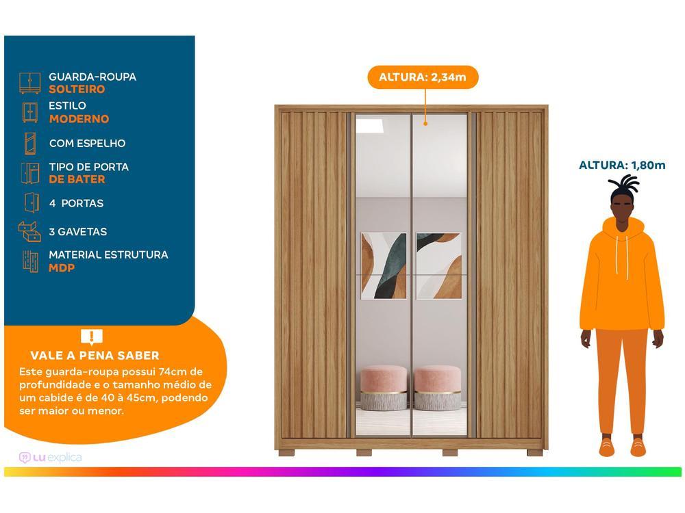 Guarda-roupa Solteiro com Espelho 4 Portas 3 Gavetas Caemmun Belize Ripado - 2