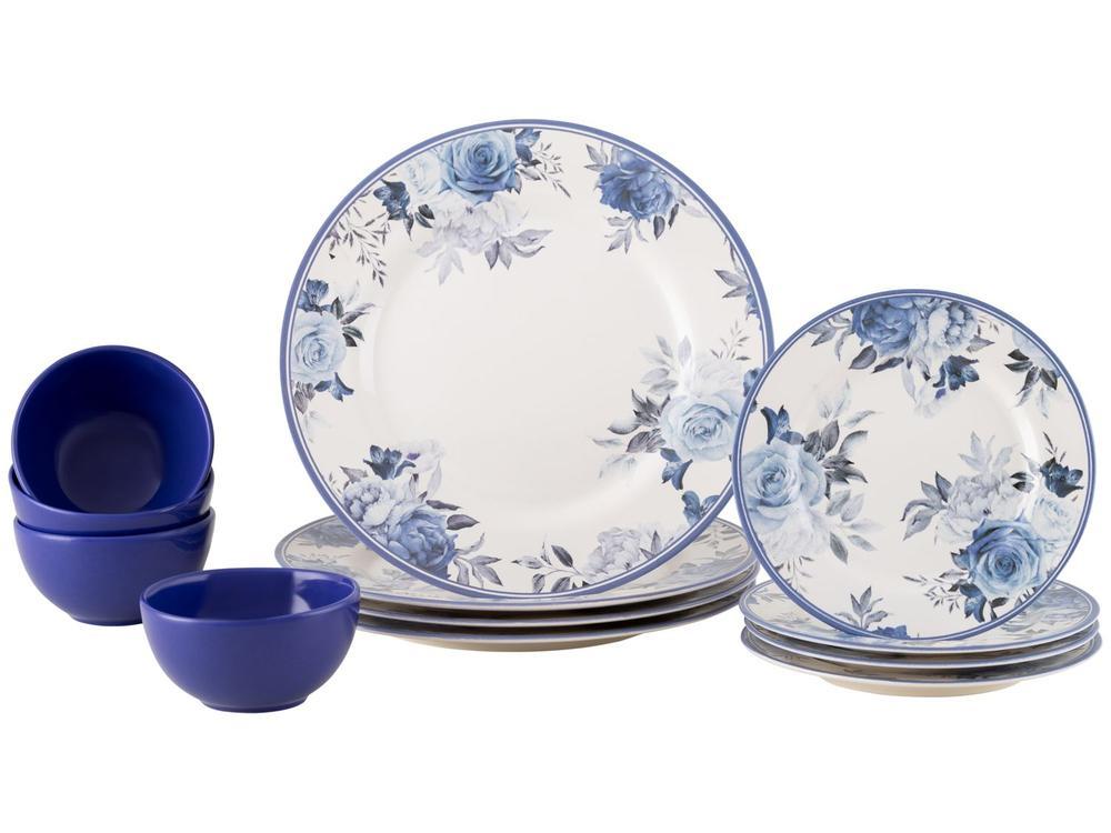 Aparelho de Jantar 12 Peças Alleanza Cerâmica Branco e Azul Redondo Antique - 1