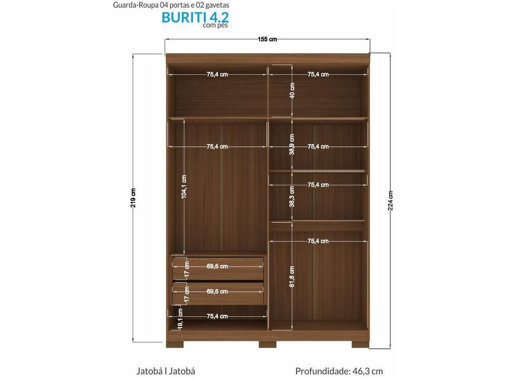 Guarda-roupa Solteiro 4 Portas 2 Gavetas - 7