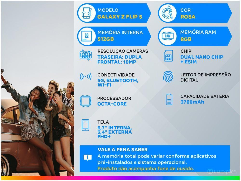 Smartphone Samsung Z Flip 5 512GB Rosa 5G Snapdragon 8GB RAM 6,7" Câm. Dupla + Selfie 10MP Dual Chip - 2