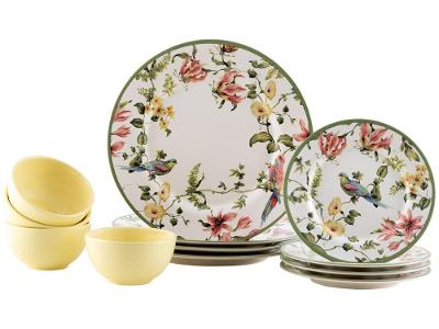 Aparelho de Jantar Chá e Café 12 Peças Alleanza Cerâmica Branco e Verde Redondo Harmony