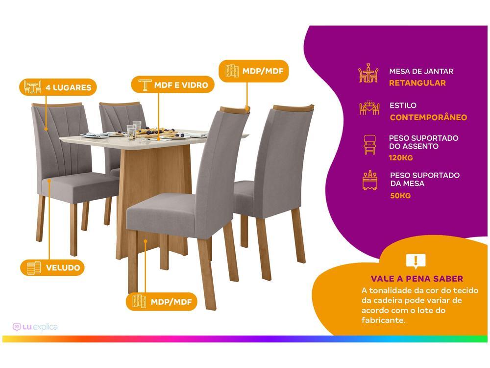 Mesa de Jantar 4 Cadeiras Retangular Branca e Amêndoa Móveis Tampo de Vidro Lopas Celebrare - 2