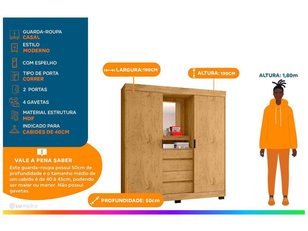 Guarda-roupa Casal com Espelho 2 Portas de Correr 4 Gavetas Araplac Sintra CAP24024 - 3