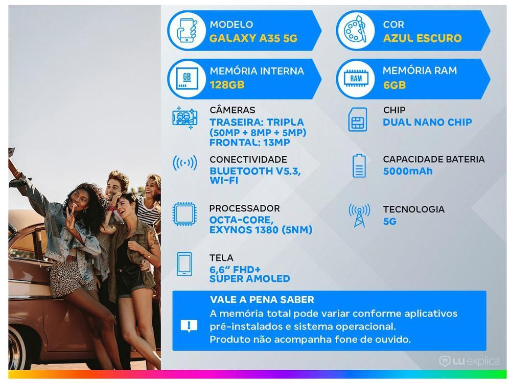 Smartphone Samsung Galaxy A35 128GB Azul Escuro 5G 6GB RAM 6,6" Câm. Tripla + Selfie 13MP Dual Chip - 2