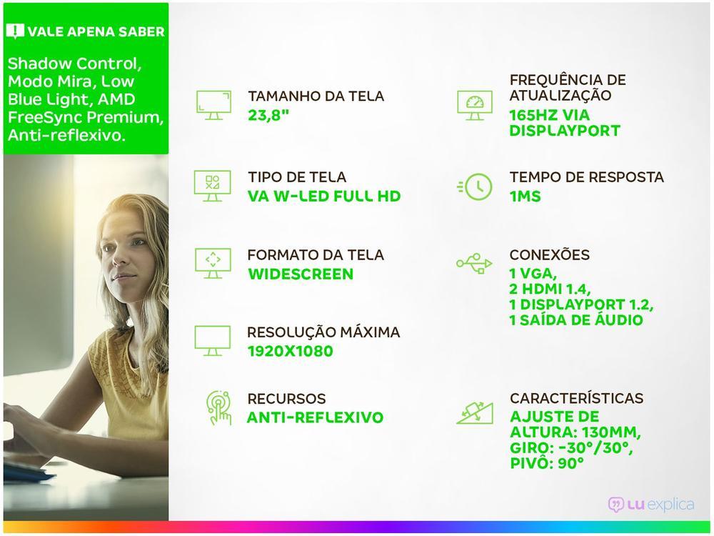 Monitor Gamer AOC 23,8" Full HD HDMI 165Hz 1ms 24G2S/BK com Ajuste de Altura - 2