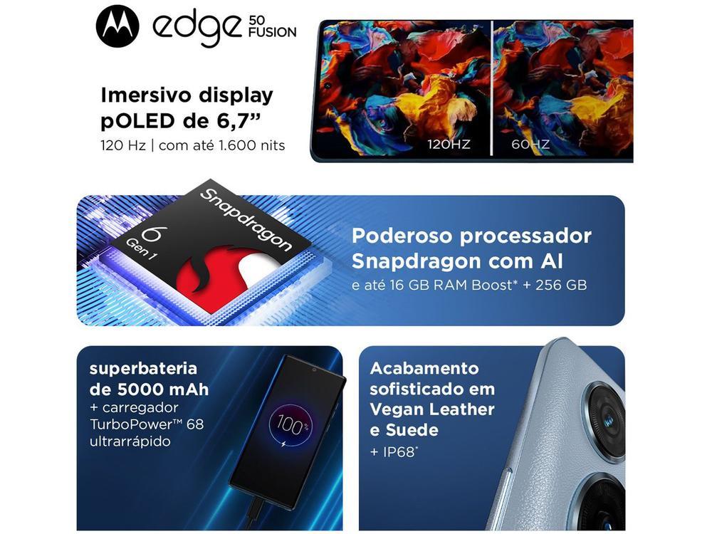 Smartphone Motorola Edge 50 Fusion 256GB Light Blue Vegan Leather 5G 8GB RAM 6,7" Câmera Sony Dupla Selfie 32MP Dual Chip - 8