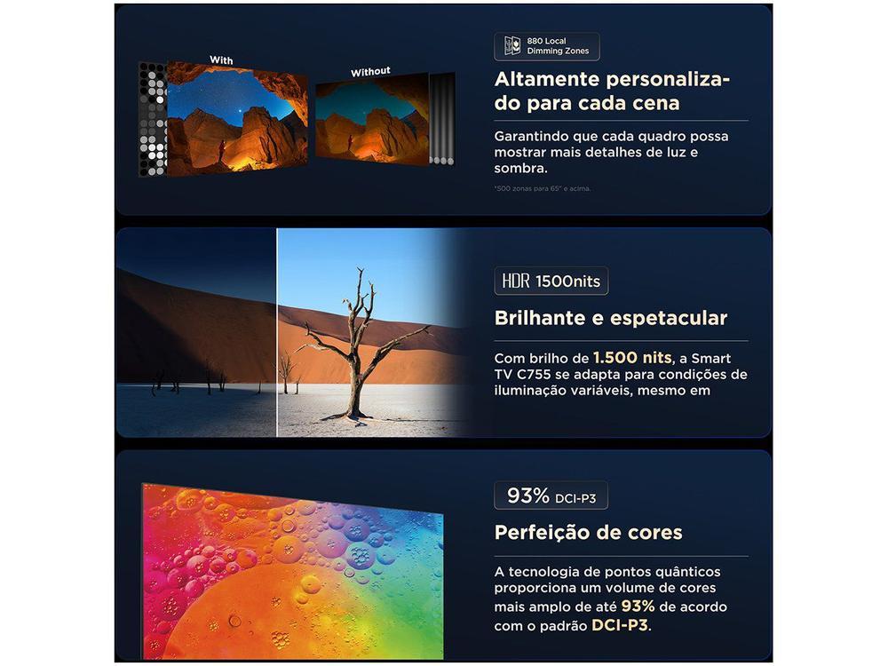 Smart TV 85" 4K UHD QLED Mini LED TCL 85C755 120Hz Wi-Fi Bluetooth 4 HDMI 2 USB - 8