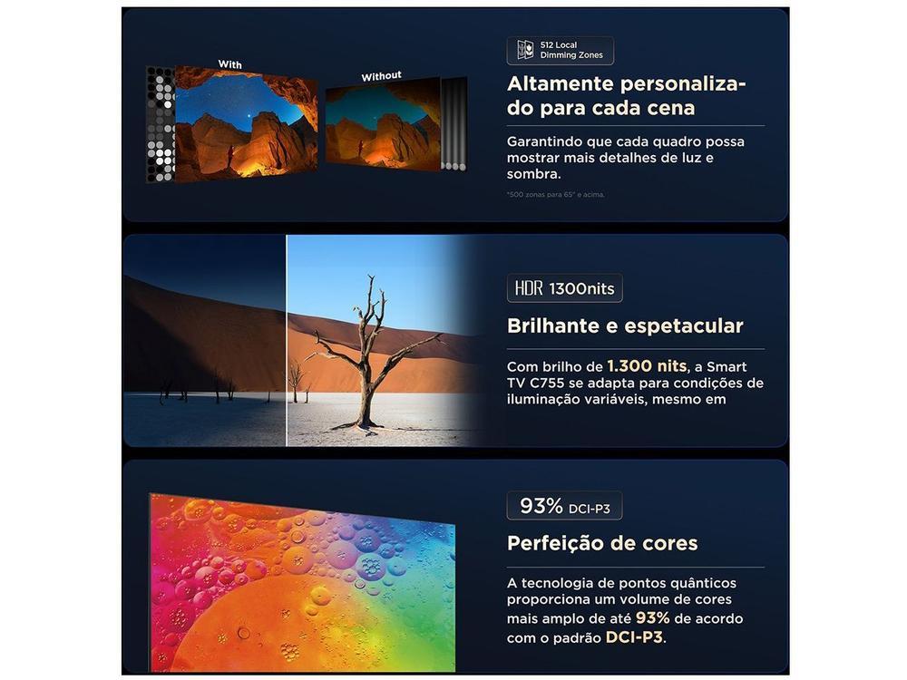 Smart TV 65" 4K UHD QLED Mini LED TCL 65C755 120Hz Wi-Fi Bluetooth 4 HDMI 2 USB - 9