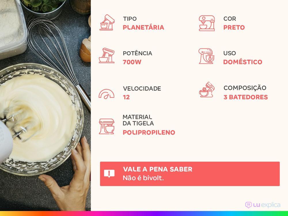 Batedeira Planetária Mondial Preta 700W - 2