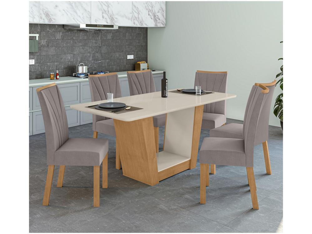 Mesa de Jantar 6 Cadeiras Retangular Branco e Amêndoa Tampo de Vidro Móveis Lopas Apogeu - 1