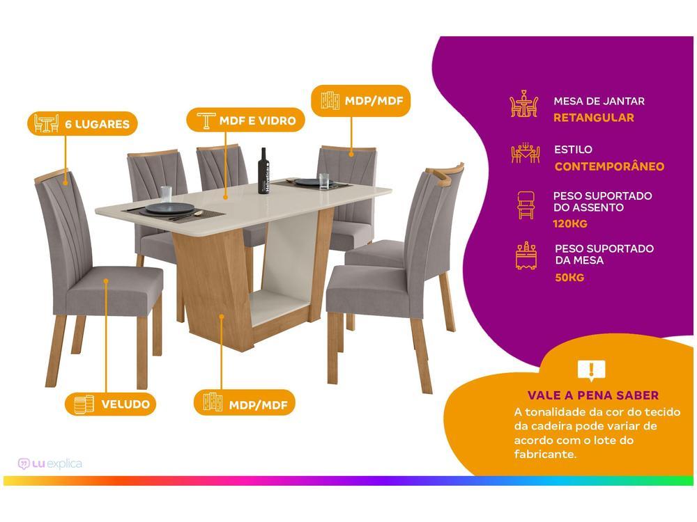 Mesa de Jantar 6 Cadeiras Retangular Branco e Amêndoa Tampo de Vidro Móveis Lopas Apogeu - 2