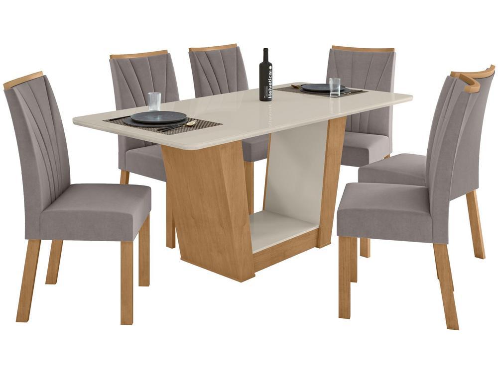 Mesa de Jantar 6 Cadeiras Retangular Branco e Amêndoa Tampo de Vidro Móveis Lopas Apogeu - 5