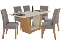 Mesa de Jantar 6 Cadeiras Retangular Branco e Amêndoa Tampo de Vidro Móveis Lopas Apogeu - 5