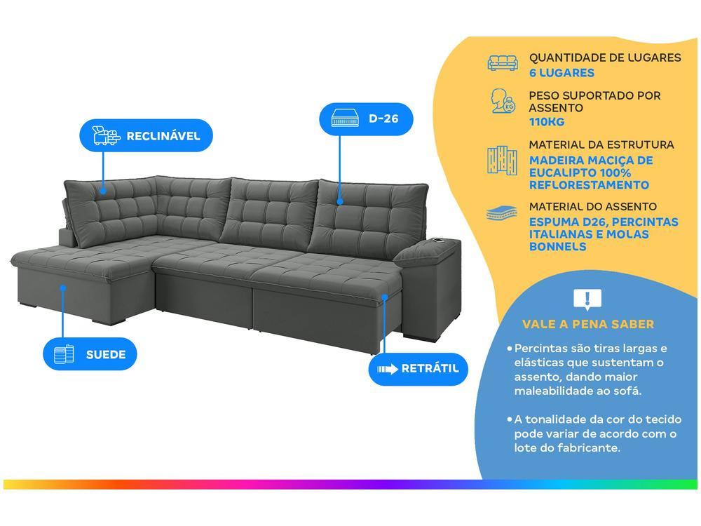 Sofá de Canto 6 Lugares Retrátil Reclinável Suede Veludo Dallas Flexforma Estofados - 2