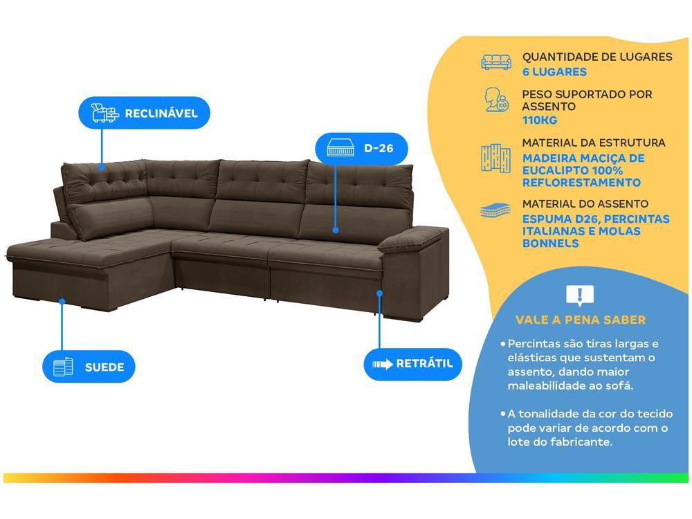 Sofá de Canto 6 Lugares Retrátil Reclinável Suede Veludo Madrid Flexforma Estofados - 2