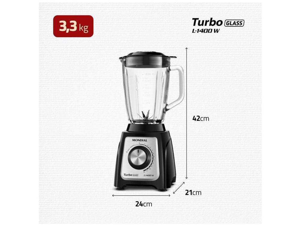 Liquidificador Mondial Turbo Glass L-1400 GI Copo de Vidro 12 Velocidades 1400W  Preto/Inox - 15
