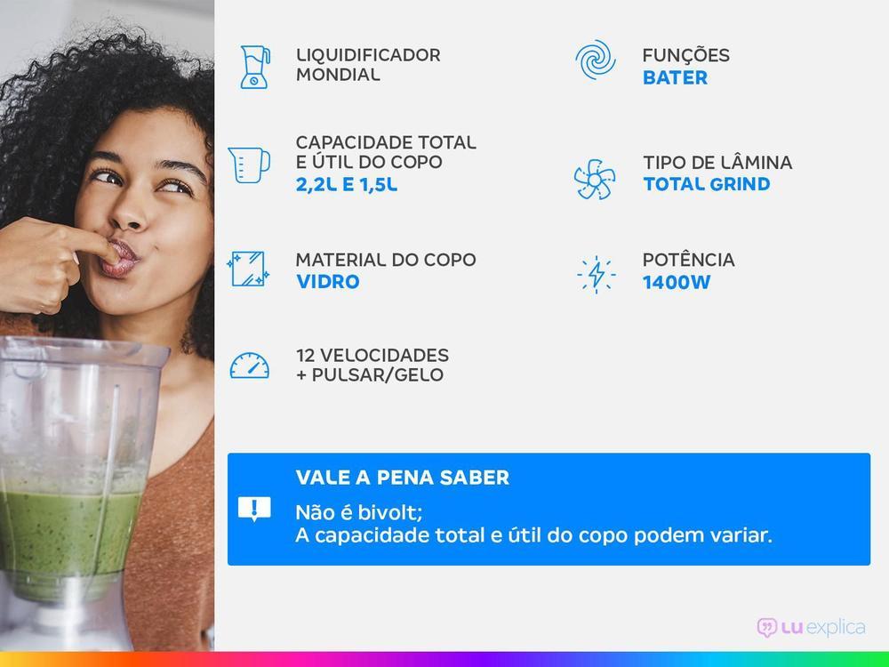 Liquidificador Mondial Turbo Glass L-1400 GI Copo de Vidro 12 Velocidades 1400W  Preto/Inox - 2