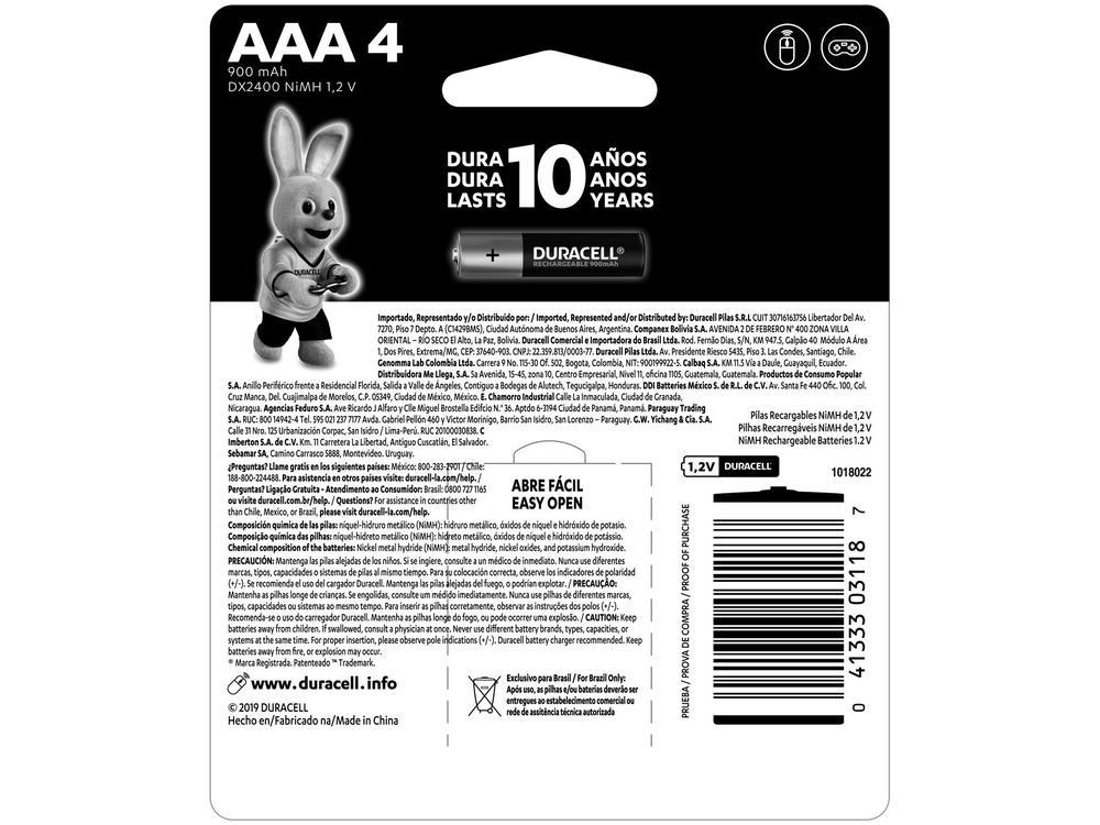 Pilha Recarregável AAA Duracell 900mAh 4 Unidades - 3