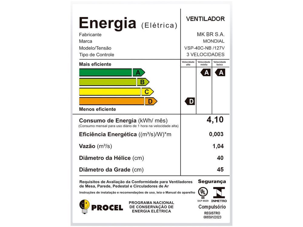 Ventilador de Coluna Mondial Super Power VSP-40C-NB 40cm 6 Pás 3 Velocidades Preto - 9