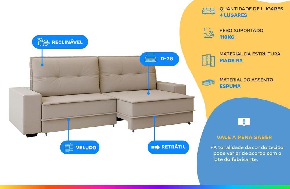 Sofá 4 Lugares Retrátil Reclinável Veludo Texas Besthouse - 12