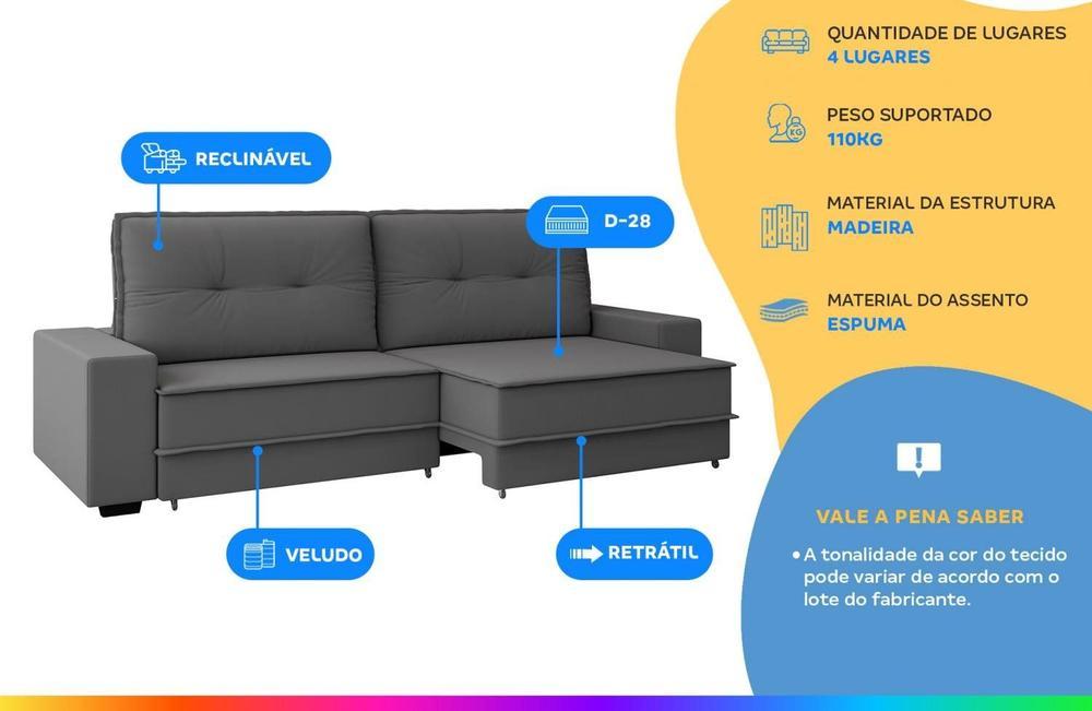 Sofá 4 Lugares Retrátil Reclinável Veludo Texas Besthouse - 12